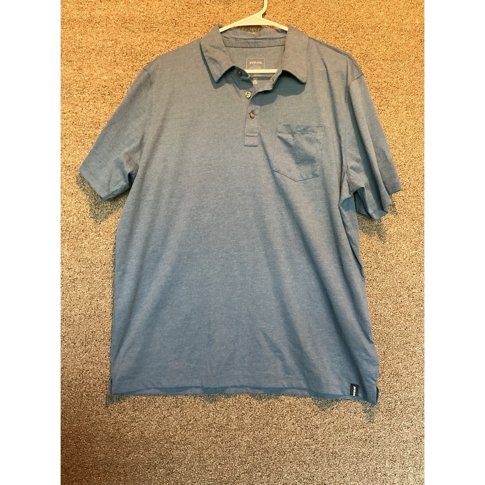 prAna Men's Golf Polo Shirt Blue/Gray L Organic Cotton Blend Pocket